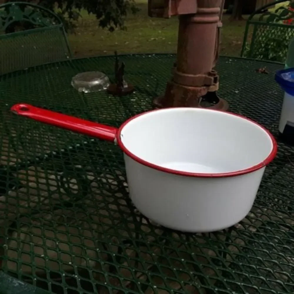 Rustic Red and White Enamelware Sauce Pan with Handle 2 qt.
